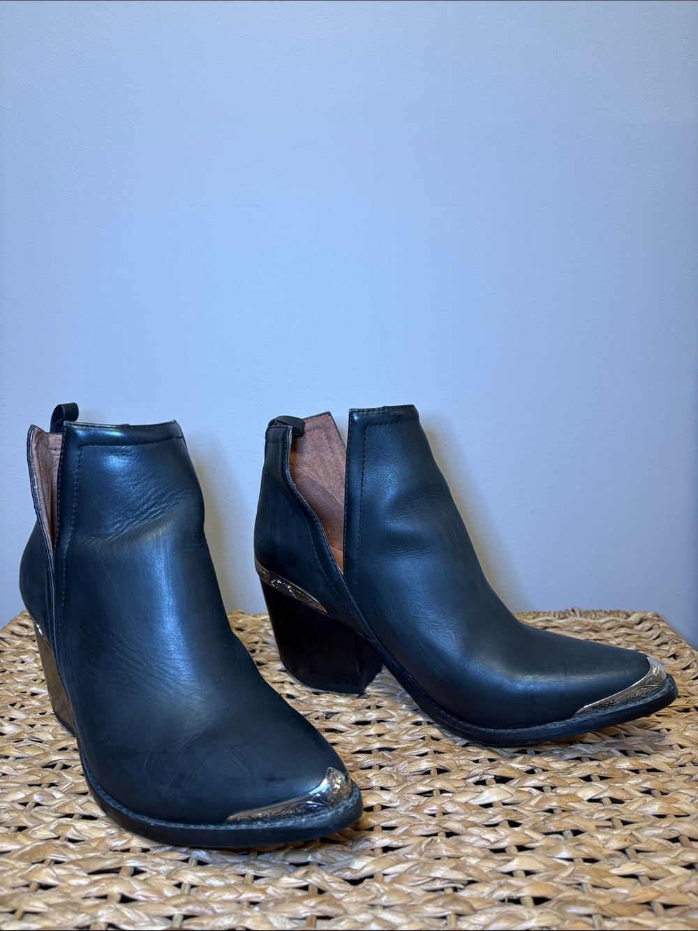 Jeffrey Campbell Black Ankle Booties with Metallic Toe